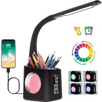 Schreibtischlampe Kinder LED,Tischlampe Dimmbar mit Uhr, Nachttischlampe Tischleuchte mit 256 RGB Nachtlicht/Stifthalter/USB-Anschluss/3