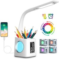 Schreibtischlampe Kinder LED,Tischlampe Dimmbar mit Uhr, Nachttischlampe Tischleuchte mit 256 RGB Nachtlicht/Stifthalter/USB-Anschluss/3
