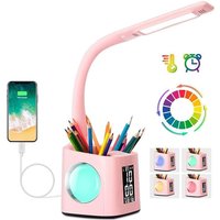 Schreibtischlampe Kinder LED,Tischlampe Dimmbar mit Uhr, Nachttischlampe Tischleuchte mit 256 RGB Nachtlicht/Stifthalter/USB-Anschluss/3