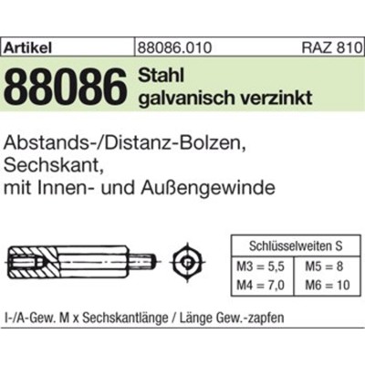 Sechskantabstandsbolzen ART 88086 I/A St. gal Zn M6 x 35 /14 x 12 SW10 gal Zn S Sechskantabstandsbolzen ART 88086 I/A St. gal Zn M6 x 35 /14 x 12 SW10 gal Zn S von Nobrand