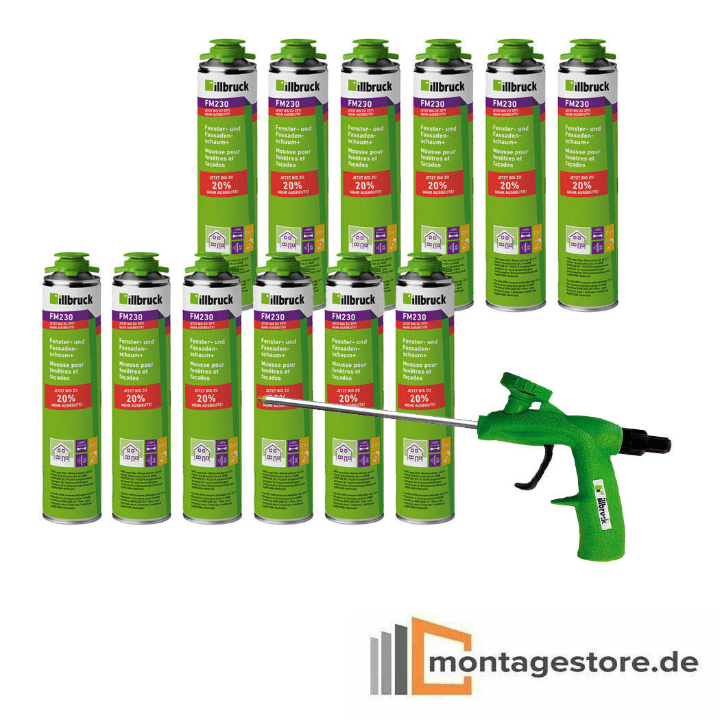 Set illbruck 12x PU-Schaum Bauschaum Fensterschaum FM230 880ml + 1x Pistole AA230 von Montagestore