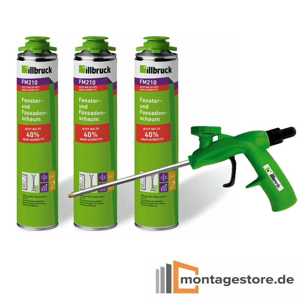 Set illbruck 3x PU-Schaum Fassadenschaum FM210 880 ml + 1x Pistole Basic AA230 von Montagestore