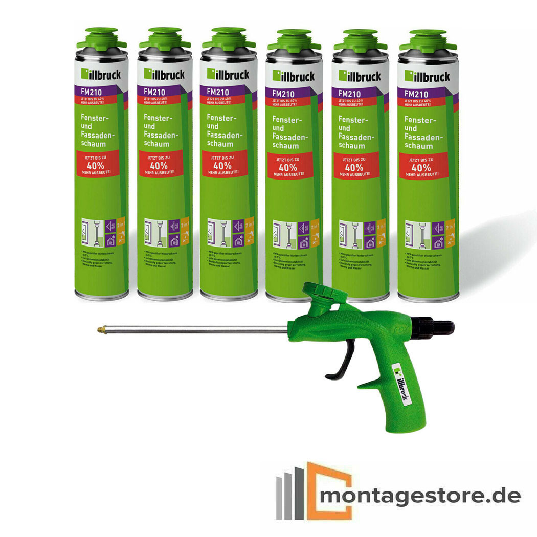 Set illbruck 6x PU-Schaum Fassadenschaum FM210 880 ml + 1x Pistole Basic AA230 von Montagestore