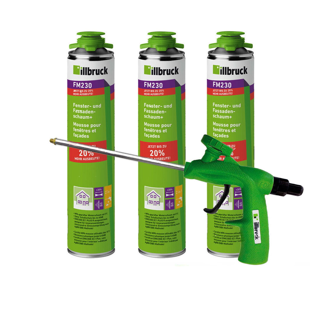 Set illbruck PU-Schaum Bauschaum Fensterschaum FM230 880 ml + 1x Pistole AA230 von Montagestore