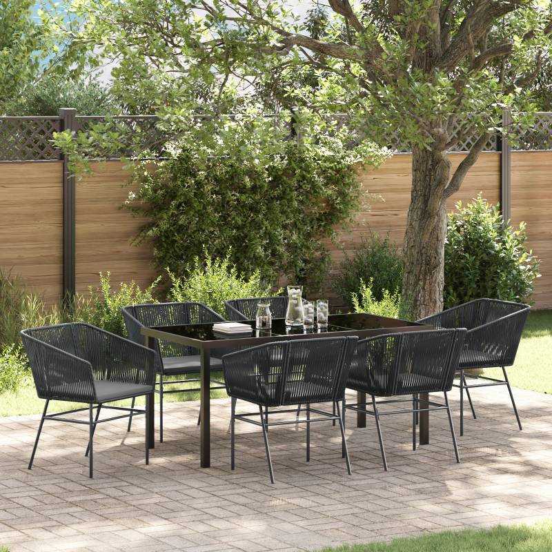 7-teiliges Garten-Esszimmer-Set mit Kissen Schwarz Poly-Rattan