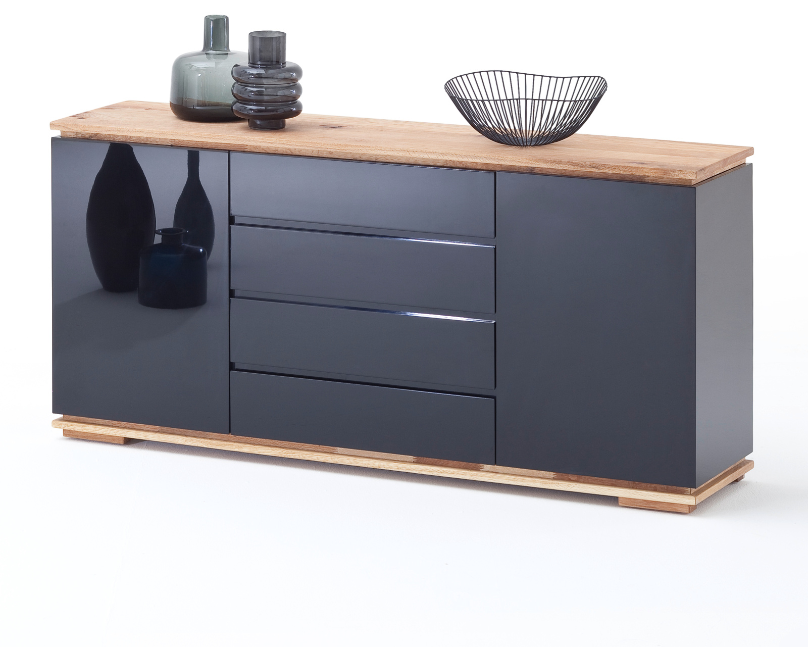 Sideboard "Chiaro" schwarz Hochglanz Lack und Eiche / Asteiche massiv geölt Kommode 172 x 81 cm