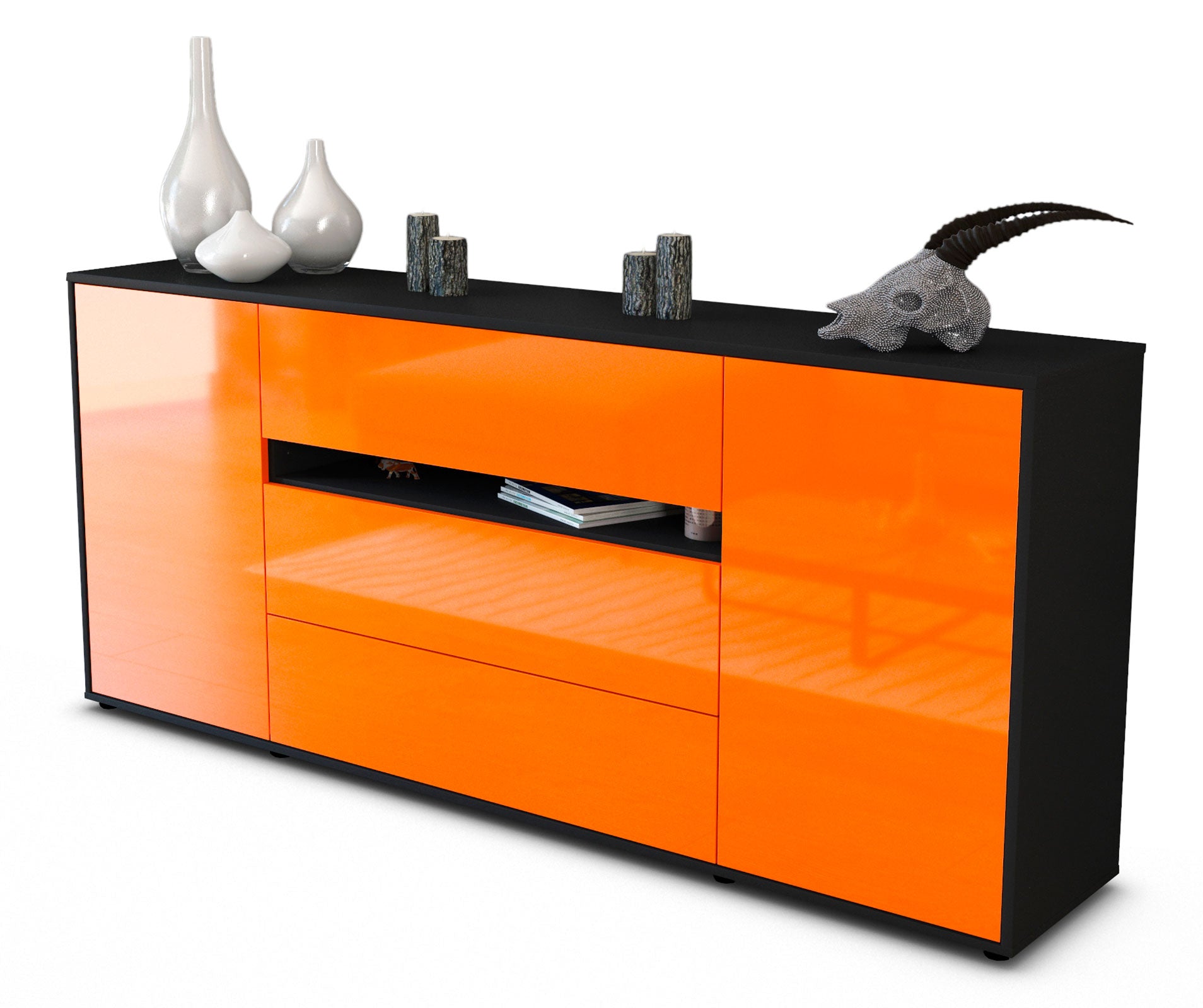 Sideboard Fernanda | Korpus Anthrazit | Front in Hochglanz Orange | 180x79x35cm (BxHxT)