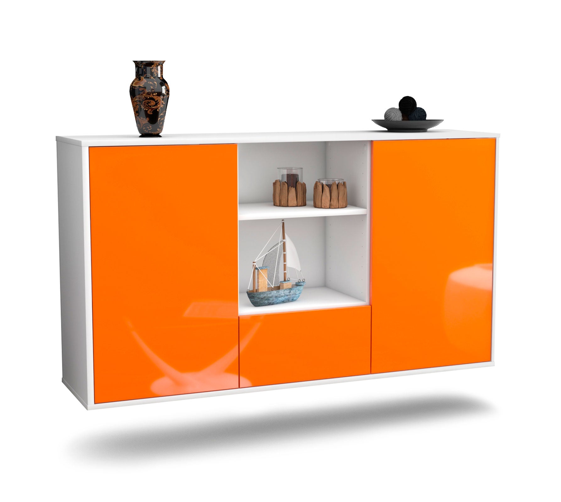 Sideboard Oceanside | hängend | Korpus Weiß | Front in Hochglanz Orange | 136x79x35cm (BxHxT)