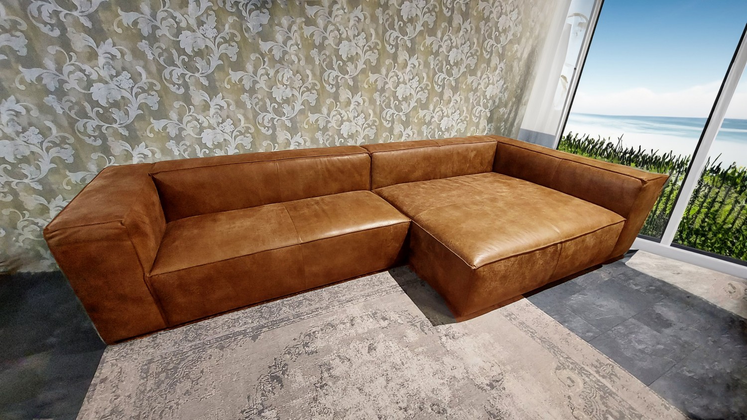 Sofa Summer XXL Ottomane Rechts Leder Braun 354x156x71