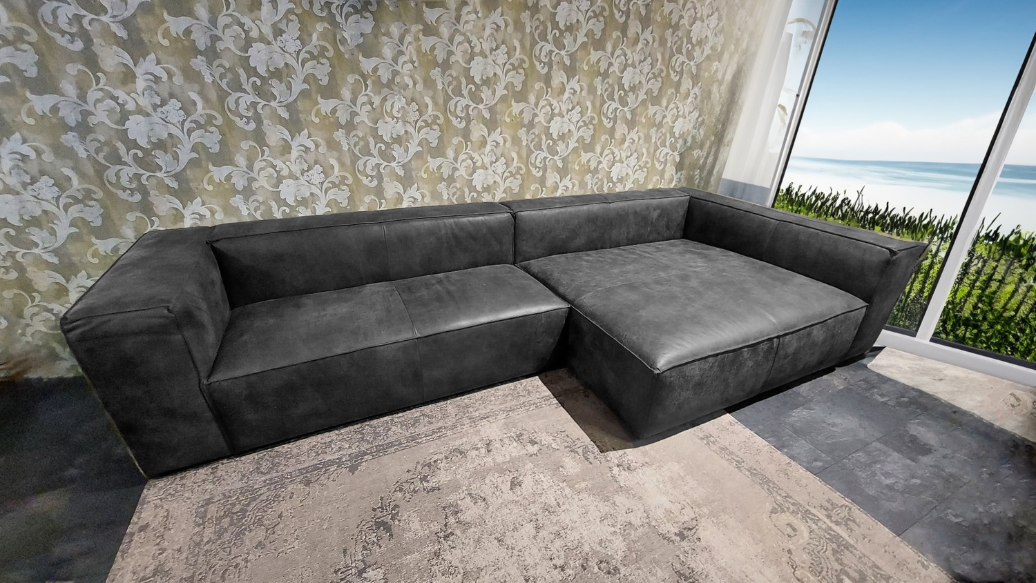 Sofa Summer XXL Ottomane Rechts Leder Schwarz 354x156x71