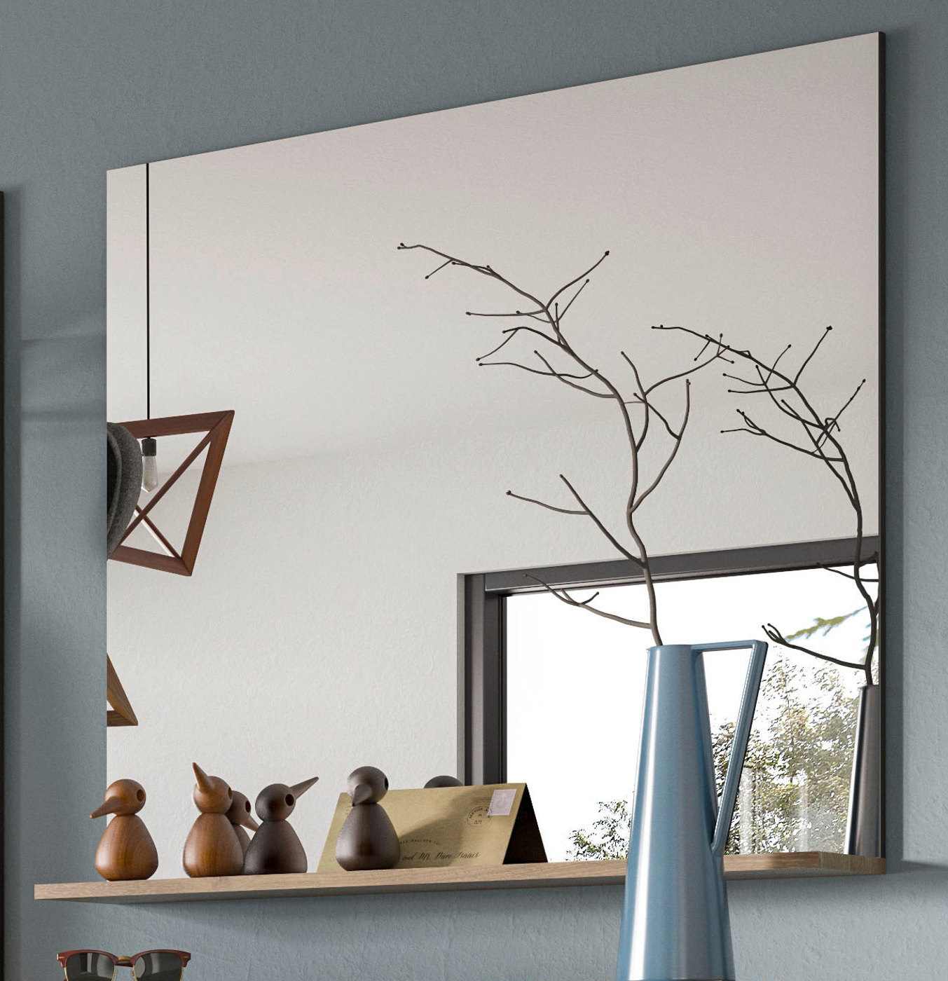 Garderobenspiegel "Mason" in Nox Eiche und Basalt grau Wandspiegel mit Ablage 90 x 84 cm