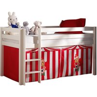 Spielbett Kinderzimmer mit Leiter und Textilset Zirkus PINOO-12 in Kiefer massiv weiß lackiert, B/H/T: ca. 210/114/106 cm