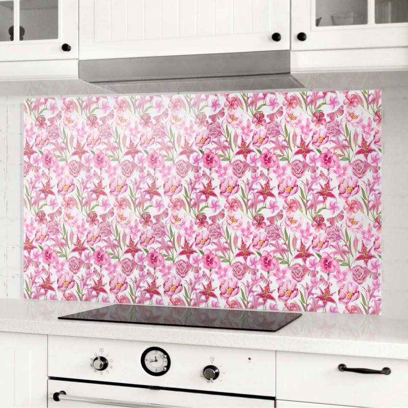 Spritzschutz Pinke Blumen mit Schmetterlingen