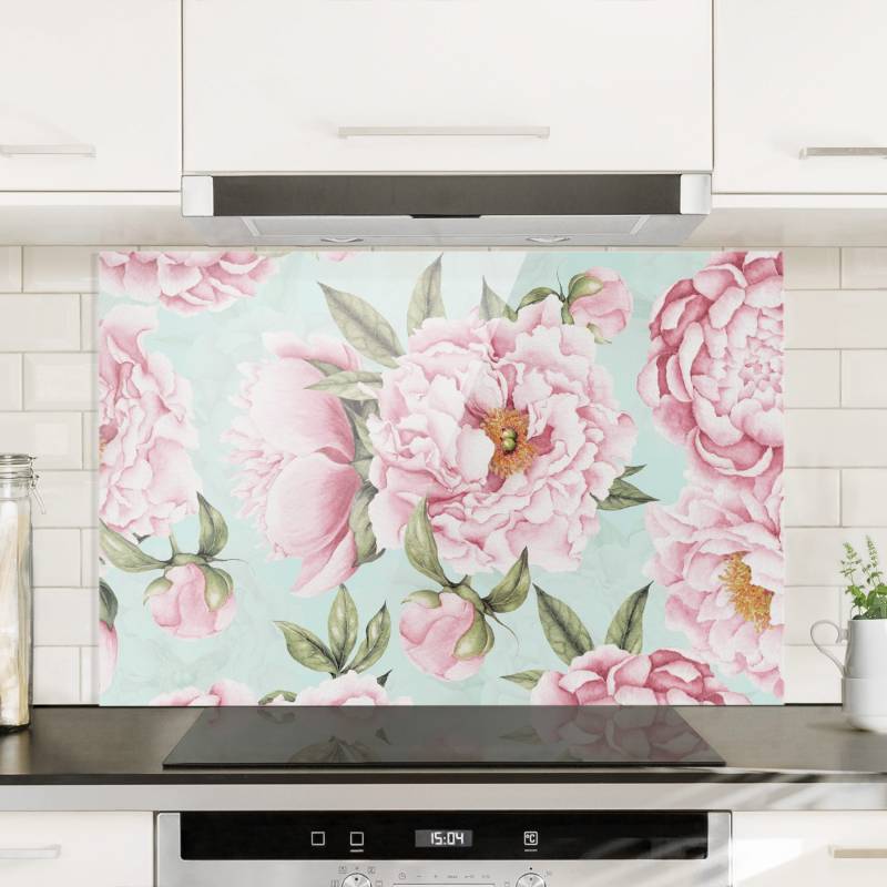 Spritzschutz Rosa Blumen auf Mint als Aquarell