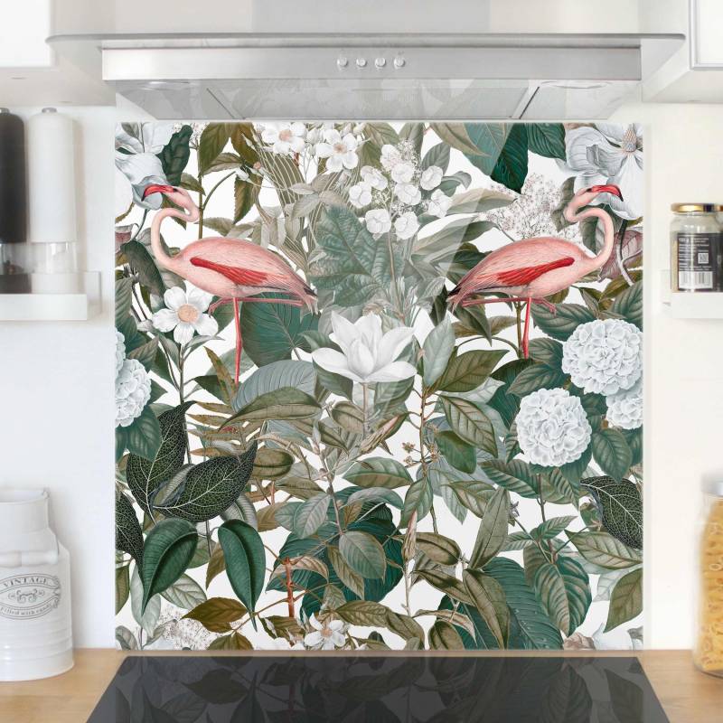 Spritzschutz Rosa Flamingos mit Blättern und weißen Blumen