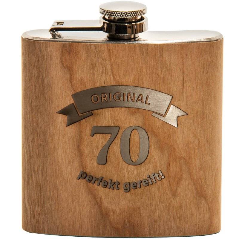 Spruchreif - Flachmann Original 70 perfekt gereift - 12 cm x 10 cm x 3 cm - hellbraun - Edelstahl rostfrei