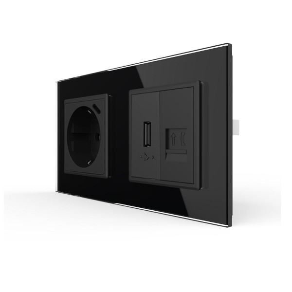 Steckdose mit USB C + Telefon mit USB A inkl. Glasrahmen Schwarz LIVOLO