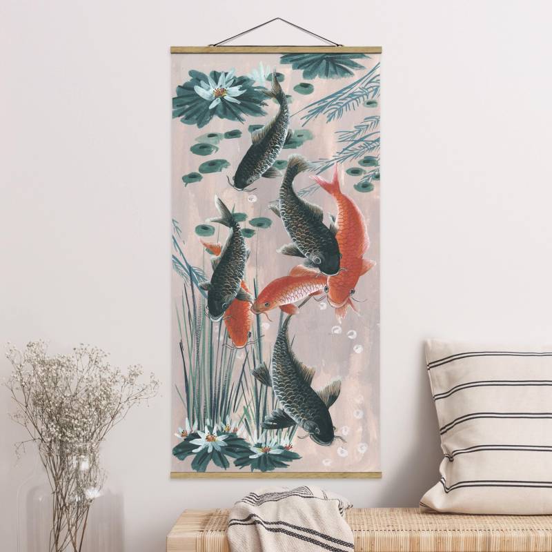 Stoffbild - Hochformat Asiatische Malerei Kois im Teich II