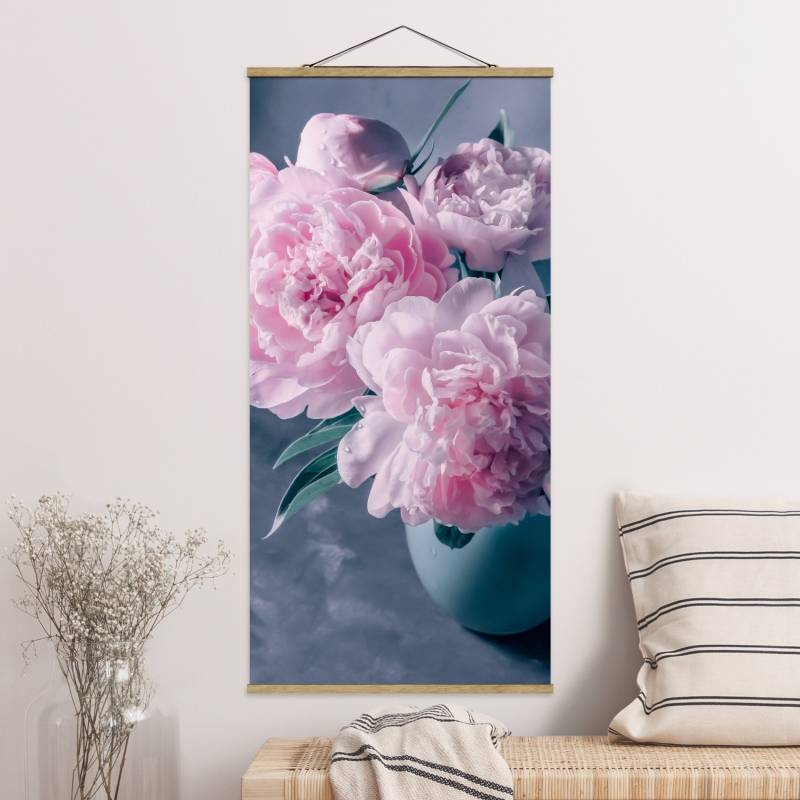 Stoffbild - Hochformat Vase mit Rosa Pfingstrosen Shabby