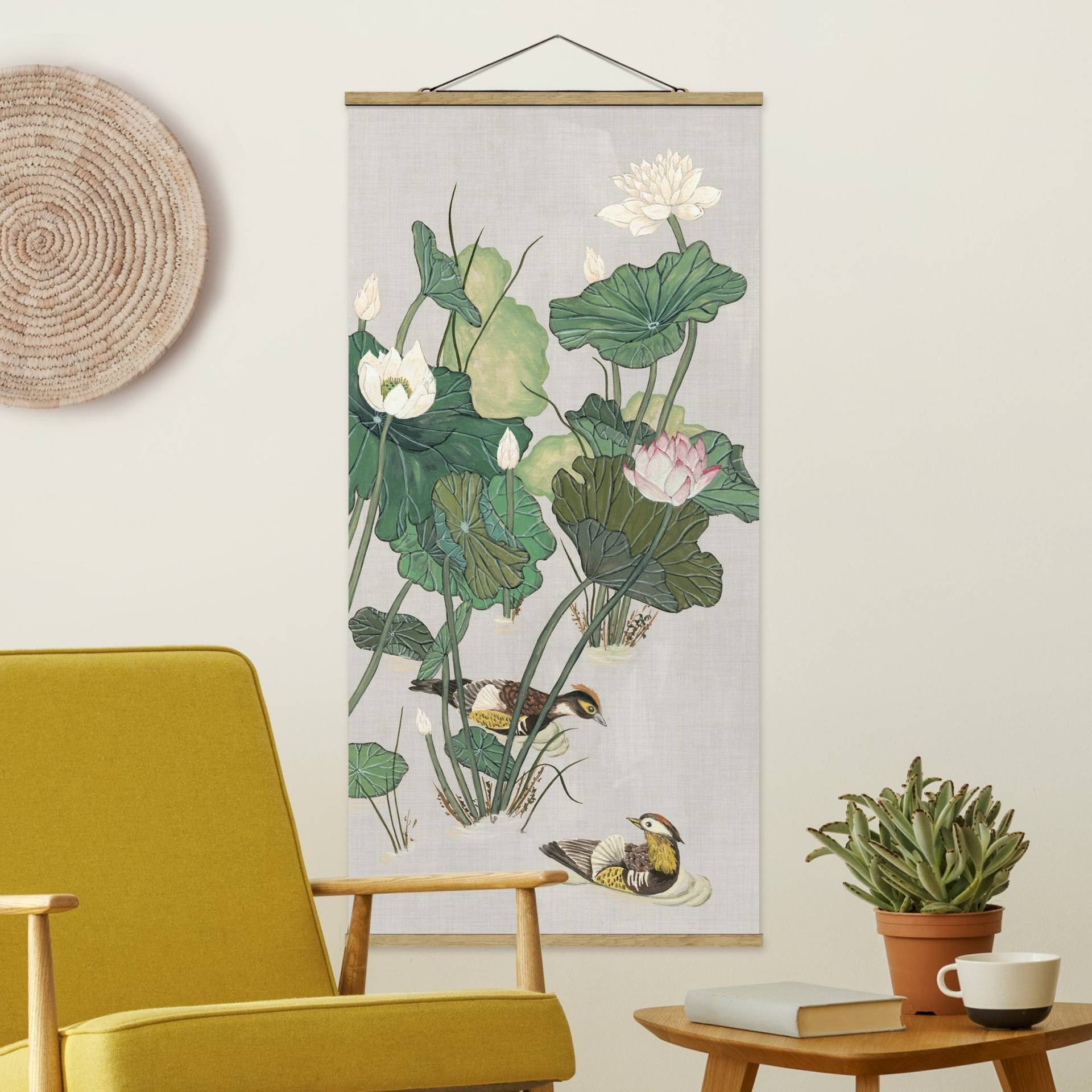 Stoffbild - Hochformat Vintage Illustration Lotusblüten im Teich