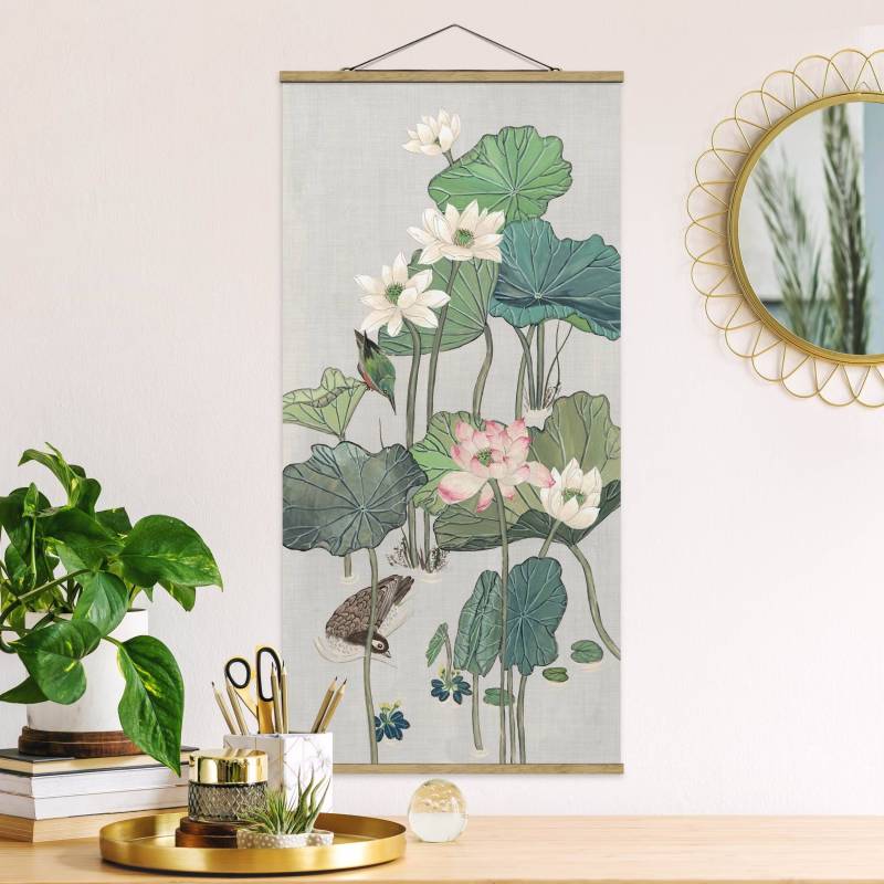 Stoffbild - Hochformat Vintage Illustration Lotusblüten im Teich II