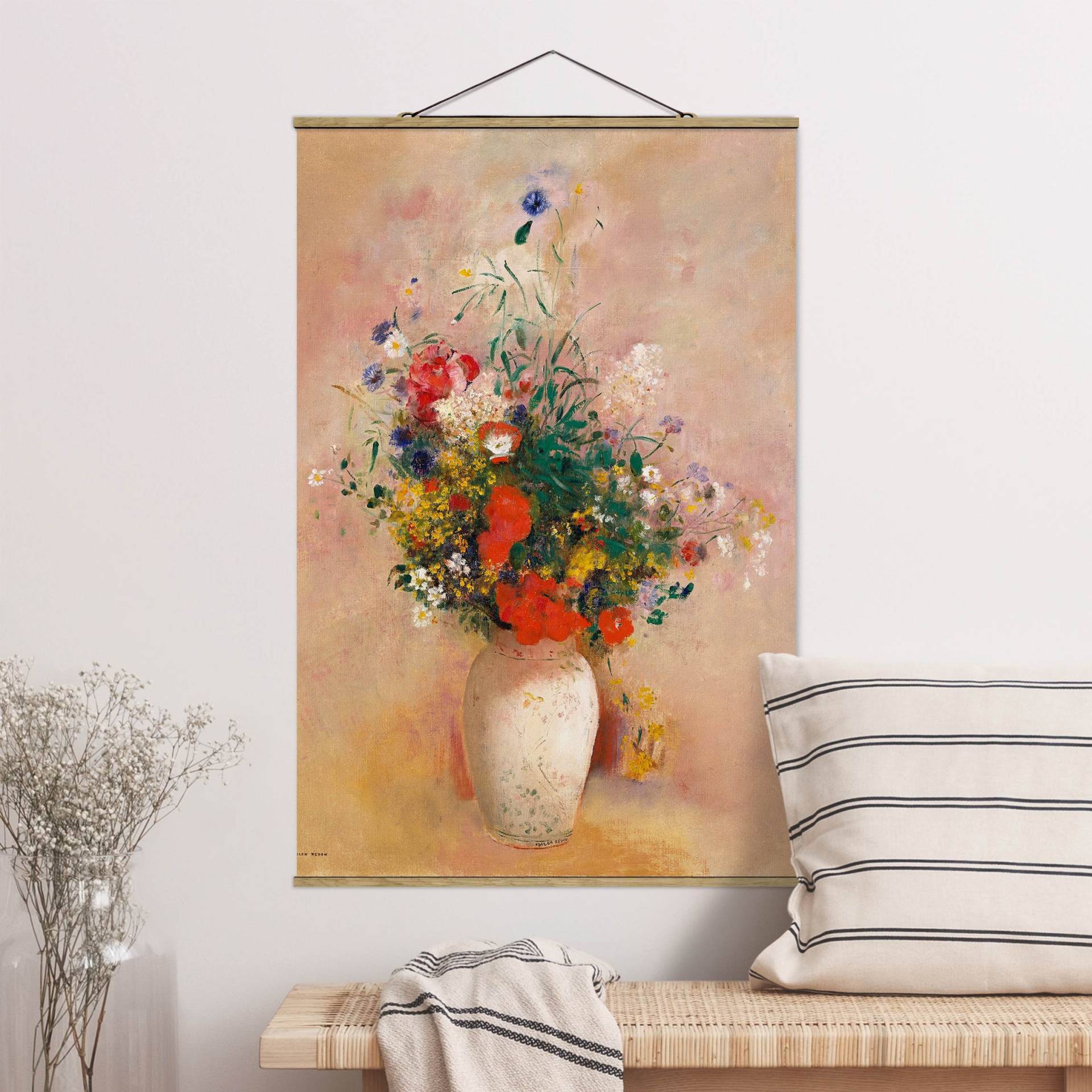 Stoffbild - Hochformat Odilon Redon - Vase mit Blumen (rosenfarbener Hintergrund)