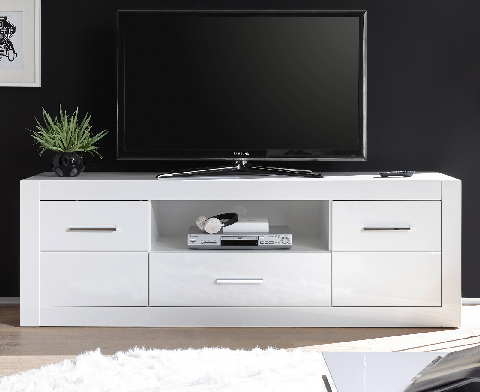 TV-Lowboard "Carrara" in weiß Hochglanz TV Unterteil in Komforthöhe auf Rollen 180 x 61 cm