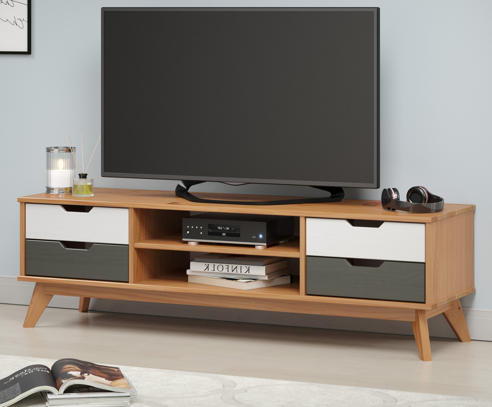TV-Lowboard "Scandik" in Massivholz Kiefer honigfarben lackiert mit weiß und grau TV Unterteil 140 x 42 cm
