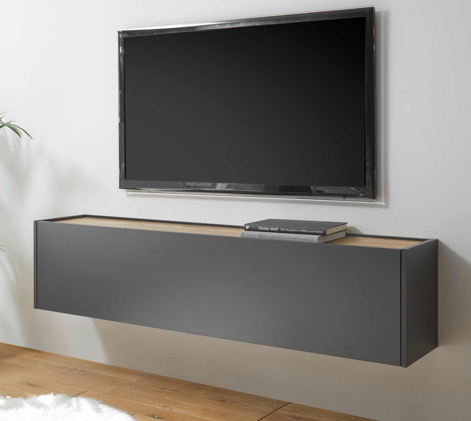 TV-Lowboard "Center" in grau matt und Wotan Eiche TV-Unterteil hängend 150 x 35 cm Hängeschrank