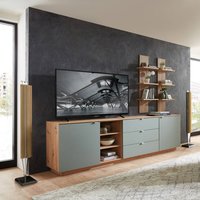 TV Sideboard Set mit Wandregalen Fernsehschrank Eiche mit grün, Breite 240 cm CUST-36