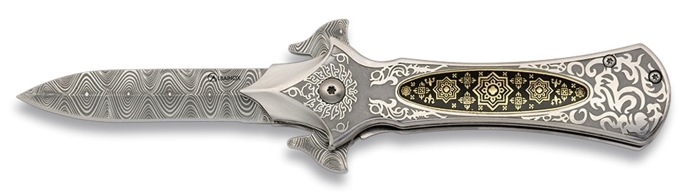 Taschenmesser m. Ornamenten verziert einseitig geschliffene Damast-Style Klinge Taschenmesser m. Ornamenten verziert einseitig geschliffene Damast-Style Klinge von Markenmesser24