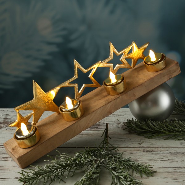 Teelichthalter mit goldenen Sternen auf Holzplatte - für 4 Teelicht... von MARELIDA