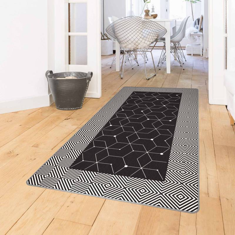 Teppich Geometrische Fliesen Punktlinien Schwarz mit Bordüre