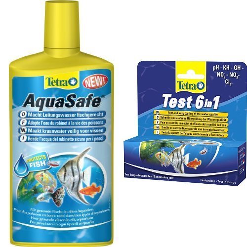 Tetra AquaSafe 500 ml und Tetra Test 6 in 1, Wassertest für das Aquarium, 1 Packung je 25 Teststreifen Tetra AquaSafe 500 ml und Tetra Test 6 in 1, Wassertest für das Aquarium, 1 Packung je 25 Teststreifen