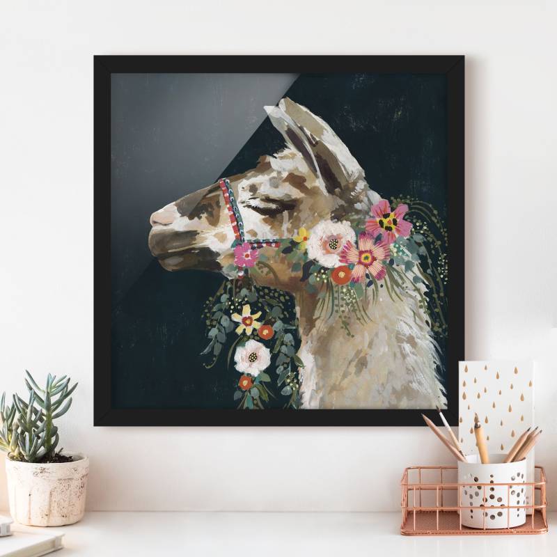 Tierbild mit Rahmen Lama mit Blumenschmuck II