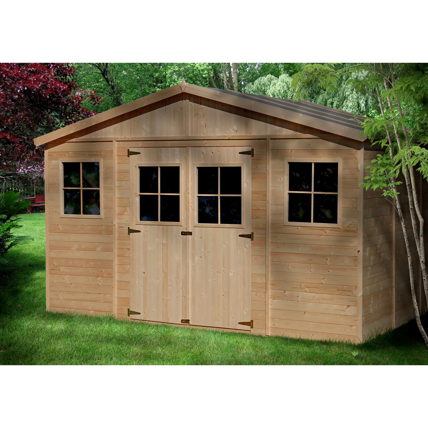 Timbela Gartenhaus Holz Abstellraum  M330 15,84 m² mit Fenstern von Timbela