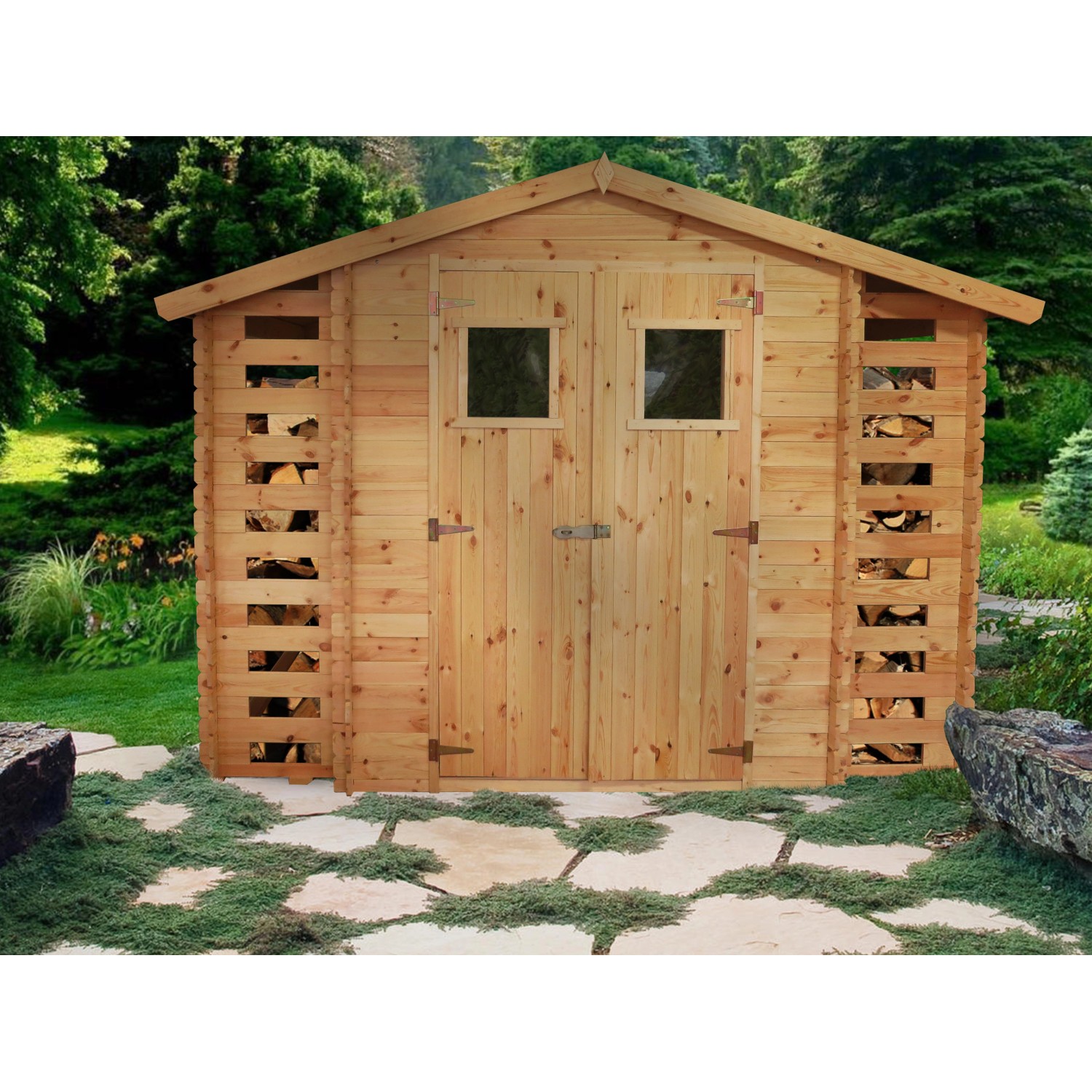 Timbela Gartenhaus Holz mit 2 Brennholzregalen M391 5,47m² ohne Boden von Timbela