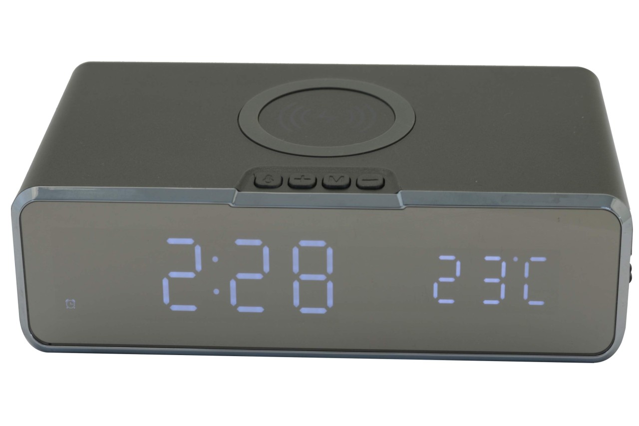 Tischuhr mit kabelloser Smartphone Ladefunktion Temperatur Alarm anthrazit
