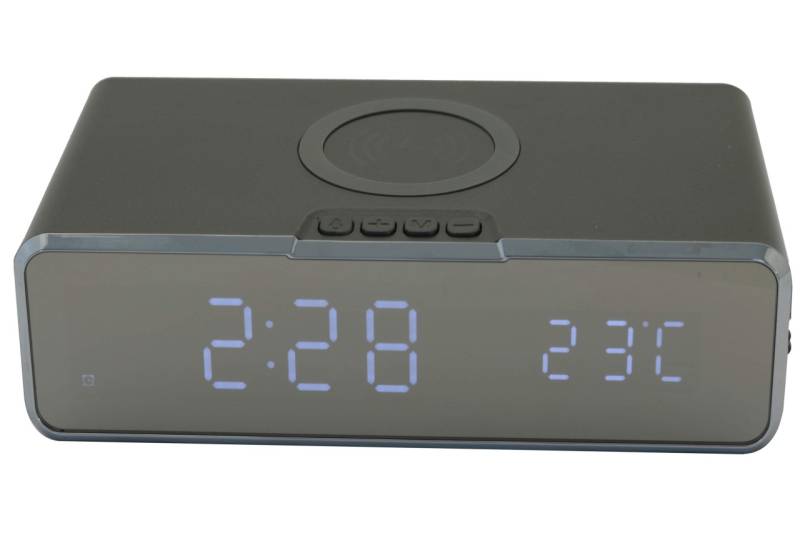 Tischuhr mit kabelloser Smartphone Ladefunktion Temperatur Alarm anthrazit