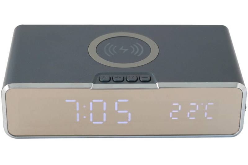 Tischuhr mit kabelloser Smartphone Ladefunktion Temperatur Alarm blau
