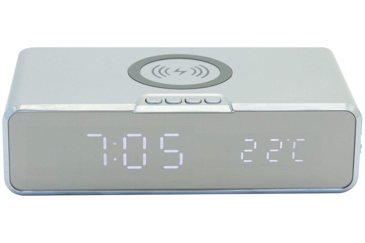 Tischuhr mit kabelloser Smartphone Ladefunktion Temperatur Alarm silber