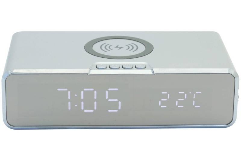 Tischuhr mit kabelloser Smartphone Ladefunktion Temperatur Alarm silber
