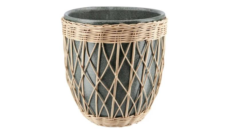 Übertopf mit Rattangeflecht   ¦ grün ¦ Steingut,Rattan ¦ Maße (cm): H: 22,5  Ø: 21.3 Dekoration > Dekoartikel - Möbel Kraft