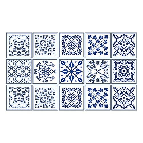 Ulticool – Sticker Wasserdicht Dekoration Aufkleber Fliesen - Mandala Blau Weiß - 15x15 cm - 15 Stück Selbstklebende Fliesenaufkleber aus Folie - Aufkantung für die Wand Badezimmer - Küchenwand Küche von Ulticool