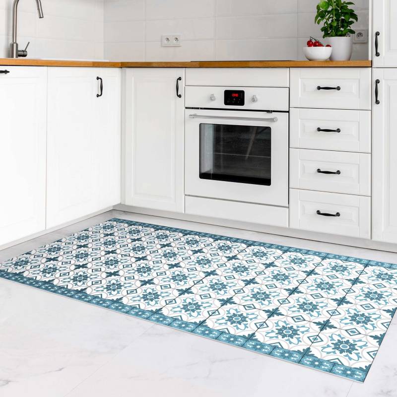 Vinylteppich Geometrischer Fliesenmix Blume Blaugrau