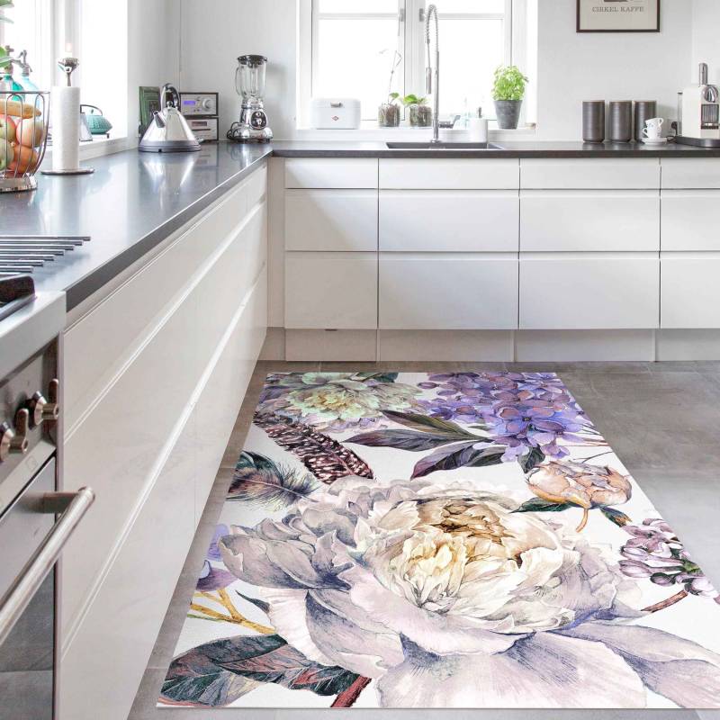 Vinylteppich Zartes Aquarell Boho Blüten und Federn Muster