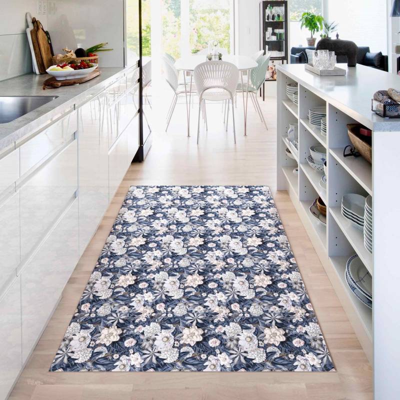 Vinylteppich Weiße Blumen vor Blau