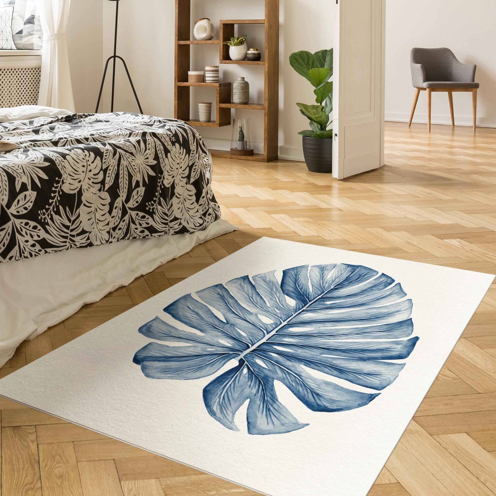 Vinylteppich Zeichnung Tropische Monstera in Indigo