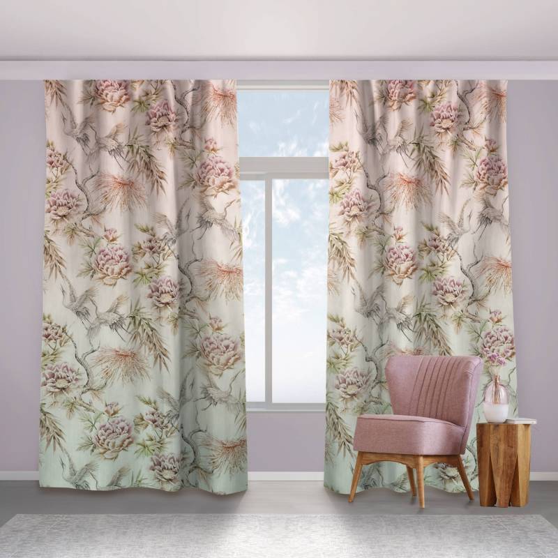 Vorhang Aquarell Vögel mit großen Blüten in Ombre