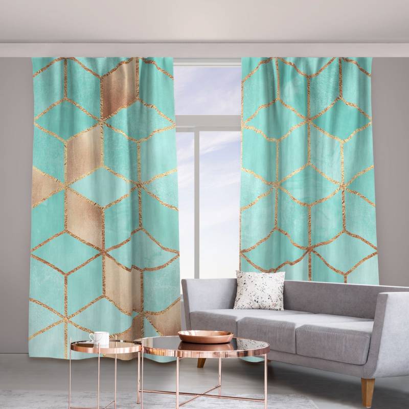 Vorhang Türkis Weiß goldene Geometrie
